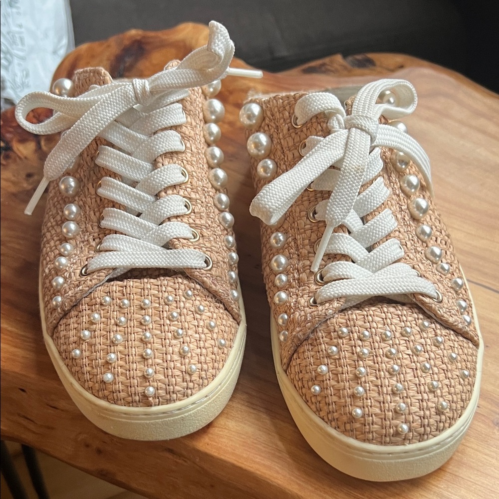 Stuart Weitzman Beige Pearl-Studded Sneakers
